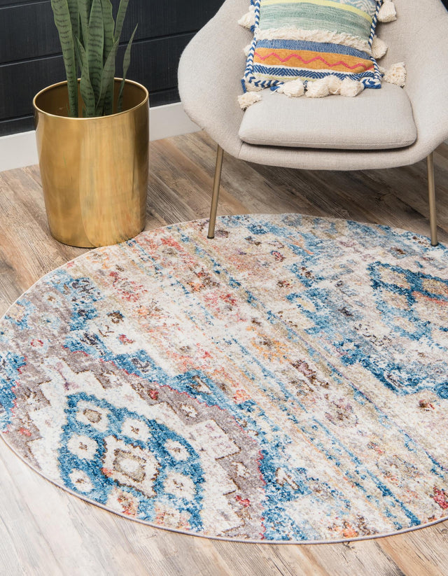 Light Blue 8' x 8' Basilica Round Area Rug 100% Polyester With Jute Backing Colorful Distressed Vintage Modern Carpet for Dorm Room Living Dining Office Decor Easy to Clean Rustic Interior Design for Sale at Rug Engine
