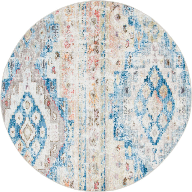 Light Blue 5' x 5' Basilica Round Area Rug 100% Polyester With Jute Backing Colorful Distressed Vintage Modern Carpet for Dorm Room Living Dining Office Decor Easy to Clean Rustic Interior Design for Sale at Rug Engine