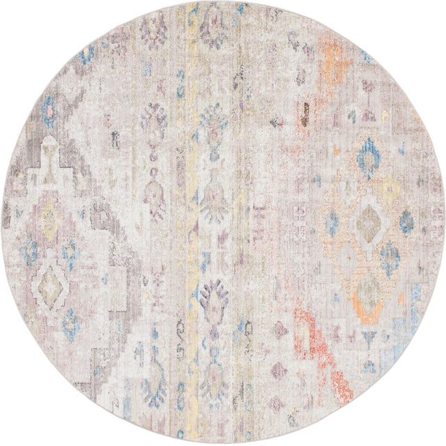 Cream 8' x 8' Basilica Round Area Rug 100% Polyester With Jute Backing Colorful Distressed Vintage Modern Carpet for Dorm Room Living Dining Office Decor Easy to Clean Rustic Interior Design for Sale at Rug Engine