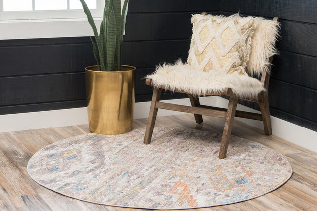 Cream 3' 3 x 3' 3 Basilica Round Area Rug 100% Polyester With Jute Backing Colorful Distressed Vintage Modern Carpet for Dorm Room Living Dining Office Decor Easy to Clean Rustic Interior Design for Sale at Rug Engine