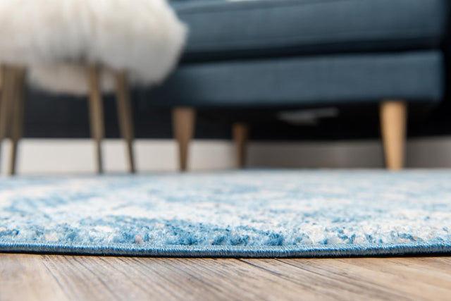 Blue 5' x 5' Basilica Round Area Rug 100% Polyester With Jute Backing Colorful Distressed Vintage Modern Carpet for Dorm Room Living Dining Office Decor Easy to Clean Rustic Interior Design for Sale at Rug Engine