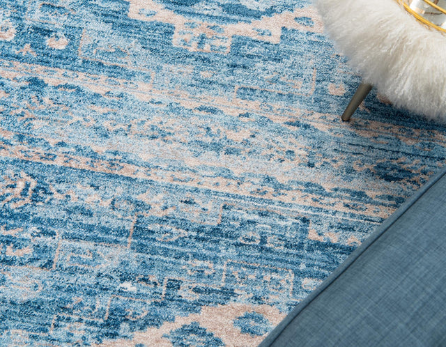 Blue 3' 3 x 3' 3 Basilica Round Area Rug 100% Polyester With Jute Backing Colorful Distressed Vintage Modern Carpet for Dorm Room Living Dining Office Decor Easy to Clean Rustic Interior Design for Sale at Rug Engine