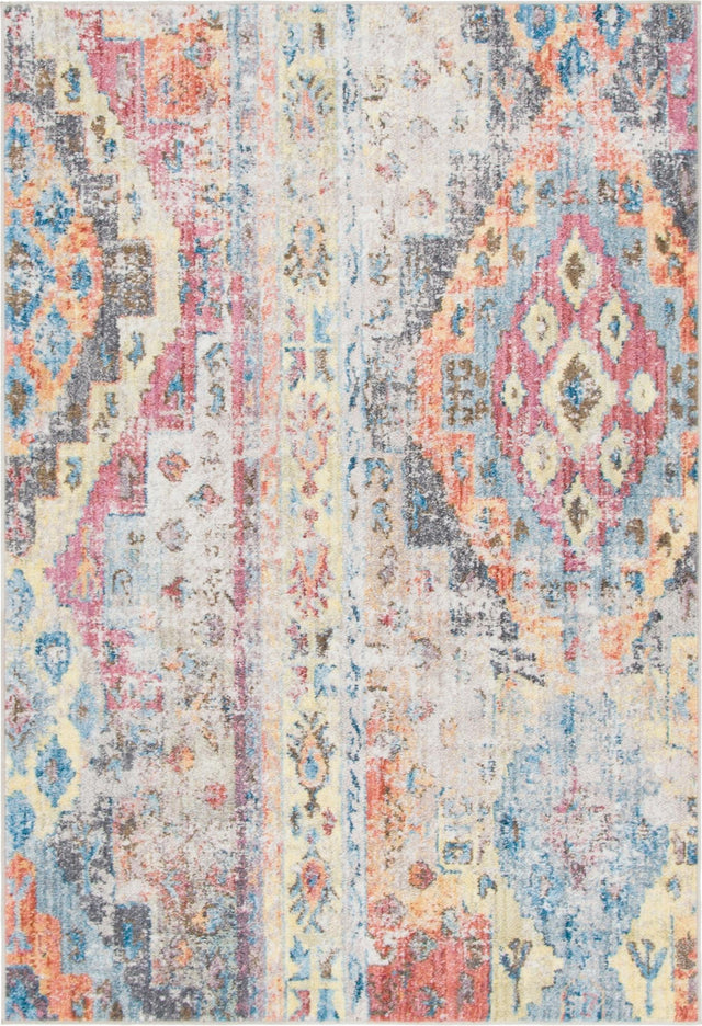 Multicolor 4' 1 x 6' 1 Basilica Rectangle Area Rug 100% Polyester With Jute Backing Colorful Distressed Vintage Modern Carpet for Dorm Room Living Dining Office Decor Easy to Clean Rustic Interior Design for Sale at Rug Engine