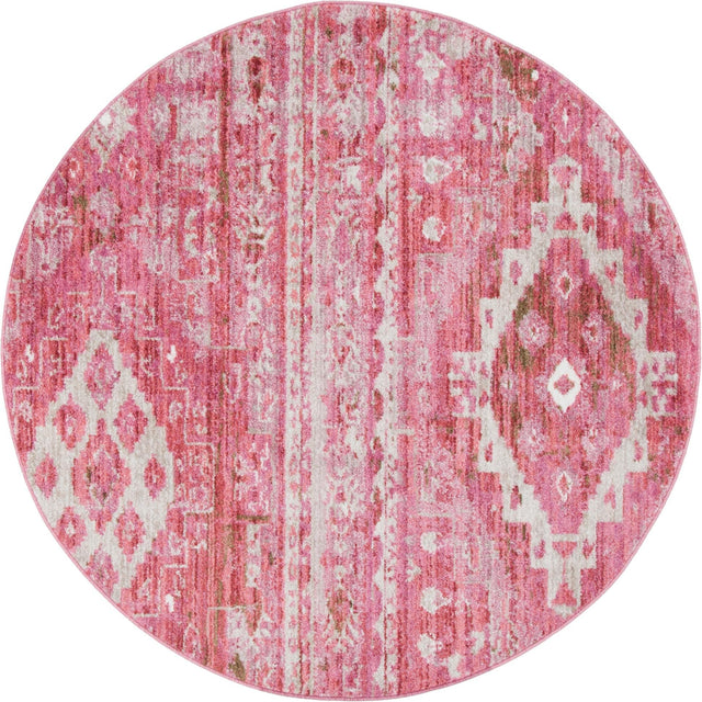 Pink 5' x 5' Basilica Round Area Rug 100% Polyester With Jute Backing Colorful Distressed Vintage Modern Carpet for Dorm Room Living Dining Office Decor Easy to Clean Rustic Interior Design for Sale at Rug Engine