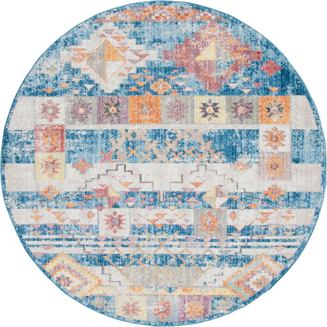 Blue 8' x 8' Basilica Round Area Rug 100% Polyester With Jute Backing Colorful Distressed Vintage Modern Carpet for Dorm Room Living Dining Office Decor Easy to Clean Rustic Interior Design for Sale at Rug Engine