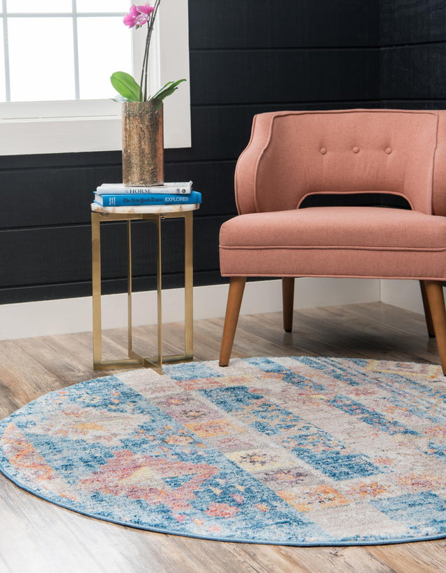 Blue 8' x 8' Basilica Round Area Rug 100% Polyester With Jute Backing Colorful Distressed Vintage Modern Carpet for Dorm Room Living Dining Office Decor Easy to Clean Rustic Interior Design for Sale at Rug Engine