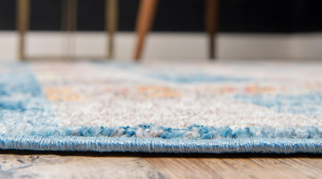Blue 3' 3 x 3' 3 Basilica Round Area Rug 100% Polyester With Jute Backing Colorful Distressed Vintage Modern Carpet for Dorm Room Living Dining Office Decor Easy to Clean Rustic Interior Design for Sale at Rug Engine