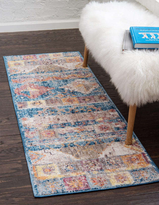 Blue 2' 2 x 6' Basilica Runner Area Rug 100% Polyester With Jute Backing Colorful Distressed Vintage Modern Carpet for Dorm Room Living Dining Office Decor Easy to Clean Rustic Interior Design for Sale at Rug Engine