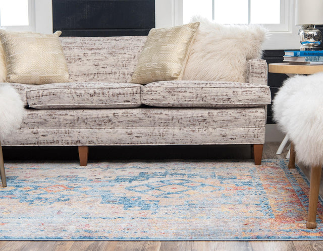 Blue 2' 2 x 3' 1 Basilica Rectangle Area Rug 100% Polyester With Jute Backing Colorful Distressed Vintage Modern Carpet for Dorm Room Living Dining Office Decor Easy to Clean Rustic Interior Design for Sale at Rug Engine