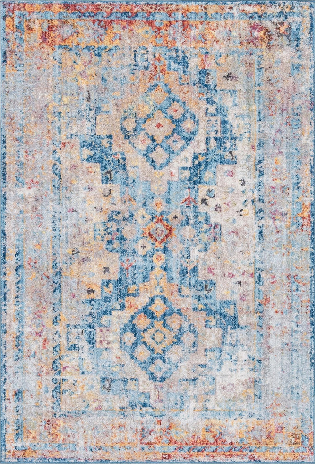 Blue 4' 1 x 6' 1 Basilica Rectangle Area Rug 100% Polyester With Jute Backing Colorful Distressed Vintage Modern Carpet for Dorm Room Living Dining Office Decor Easy to Clean Rustic Interior Design for Sale at Rug Engine