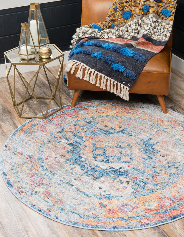 Blue 3' 3 x 3' 3 Basilica Round Area Rug 100% Polyester With Jute Backing Colorful Distressed Vintage Modern Carpet for Dorm Room Living Dining Office Decor Easy to Clean Rustic Interior Design for Sale at Rug Engine