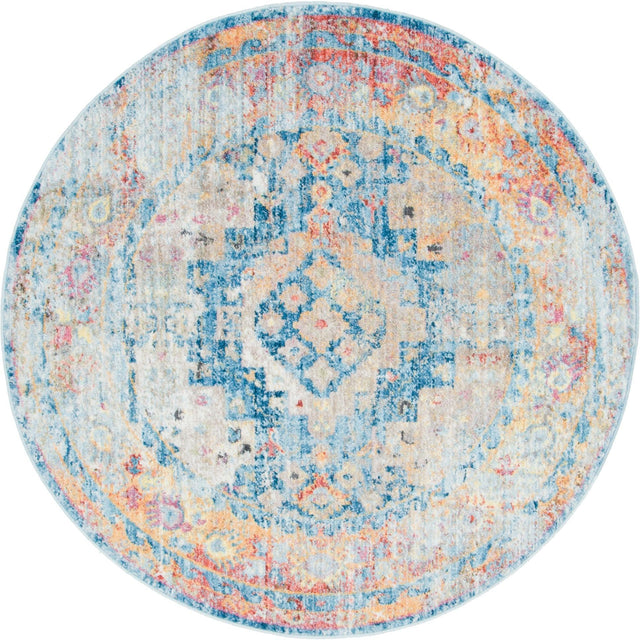 Blue 5' x 5' Basilica Round Area Rug 100% Polyester With Jute Backing Colorful Distressed Vintage Modern Carpet for Dorm Room Living Dining Office Decor Easy to Clean Rustic Interior Design for Sale at Rug Engine