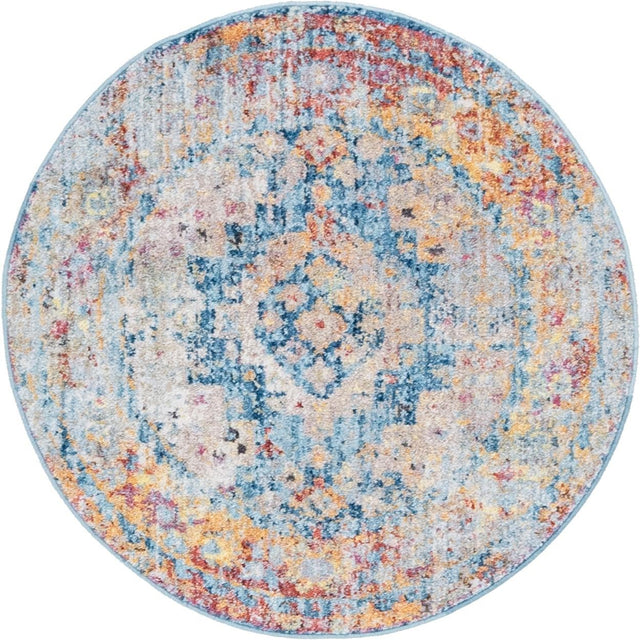 Blue 3' 3 x 3' 3 Basilica Round Area Rug 100% Polyester With Jute Backing Colorful Distressed Vintage Modern Carpet for Dorm Room Living Dining Office Decor Easy to Clean Rustic Interior Design for Sale at Rug Engine