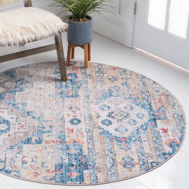 Multicolor 3' 3 x 3' 3 Basilica Round Area Rug 100% Polyester With Jute Backing Colorful Distressed Vintage Modern Carpet for Dorm Room Living Dining Office Decor Easy to Clean Rustic Interior Design for Sale at Rug Engine