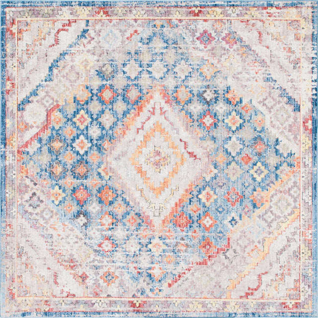 Blue 8' x 8' Brighton Square Area Rug 100% Polyester With Jute Backing Vintage Distressed Colorful Traditional Carpet for Interior Room Design for Sale at Rug Engine