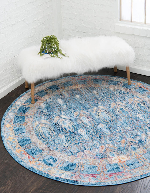 Blue 3' 3 x 3' 3 Brighton Round Area Rug 100% Polyester With Jute Backing Vintage Distressed Colorful Traditional Carpet for Interior Room Design for Sale at Rug Engine