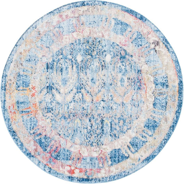 Blue 3' 3 x 3' 3 Brighton Round Area Rug 100% Polyester With Jute Backing Vintage Distressed Colorful Traditional Carpet for Interior Room Design for Sale at Rug Engine