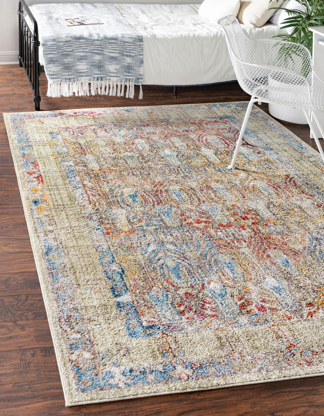 Light Green 5' 3 x 7' 10 Brighton Rectangle Area Rug 100% Polyester With Jute Backing Vintage Distressed Colorful Traditional Carpet for Interior Room Design for Sale at Rug Engine