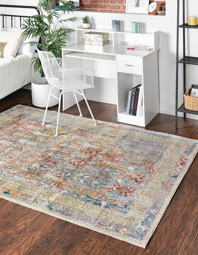Light Green 5' 3 x 7' 10 Brighton Rectangle Area Rug 100% Polyester With Jute Backing Vintage Distressed Colorful Traditional Carpet for Interior Room Design for Sale at Rug Engine