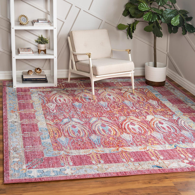 Red 8' x 8' Brighton Square Area Rug 100% Polyester With Jute Backing Vintage Distressed Colorful Traditional Carpet for Interior Room Design for Sale at Rug Engine