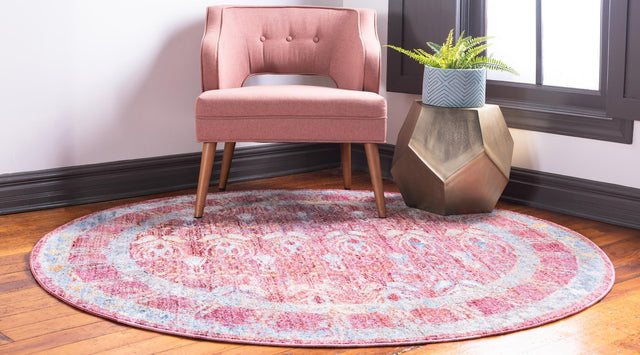 Red 6' 1 x 6' 1 Brighton Round Area Rug 100% Polyester With Jute Backing Vintage Distressed Colorful Traditional Carpet for Interior Room Design for Sale at Rug Engine