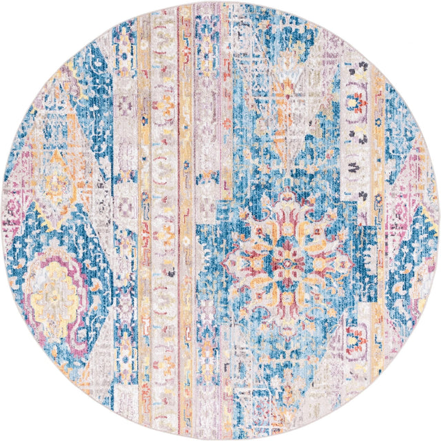 Blue 8' x 8' Basilica Round Area Rug 100% Polyester With Jute Backing Colorful Distressed Vintage Modern Carpet for Dorm Room Living Dining Office Decor Easy to Clean Rustic Interior Design for Sale at Rug Engine