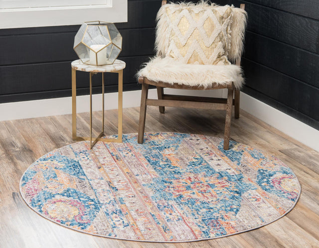 Blue 5' x 5' Basilica Round Area Rug 100% Polyester With Jute Backing Colorful Distressed Vintage Modern Carpet for Dorm Room Living Dining Office Decor Easy to Clean Rustic Interior Design for Sale at Rug Engine