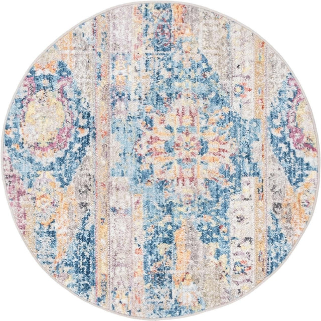 Blue 3' 3 x 3' 3 Basilica Round Area Rug 100% Polyester With Jute Backing Colorful Distressed Vintage Modern Carpet for Dorm Room Living Dining Office Decor Easy to Clean Rustic Interior Design for Sale at Rug Engine