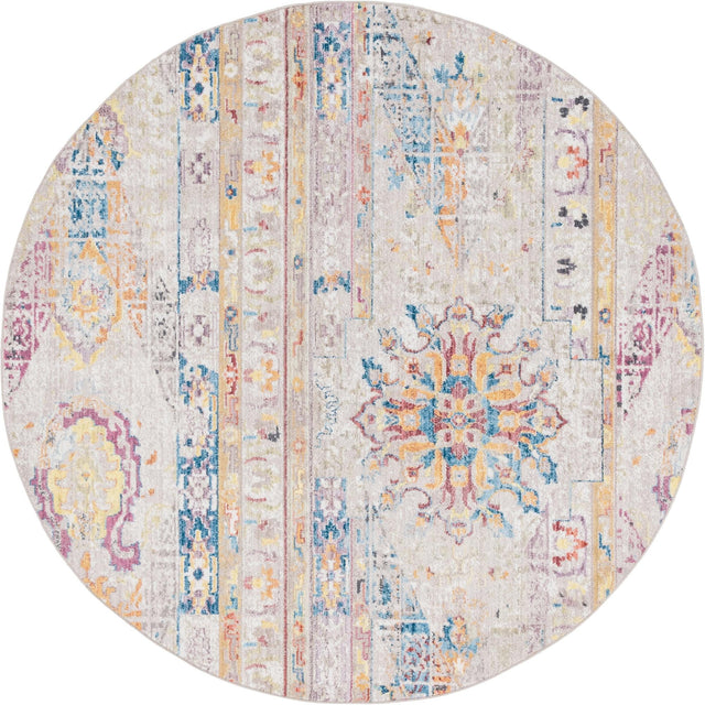 Beige 8' x 8' Basilica Round Area Rug 100% Polyester With Jute Backing Colorful Distressed Vintage Modern Carpet for Dorm Room Living Dining Office Decor Easy to Clean Rustic Interior Design for Sale at Rug Engine