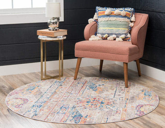 Beige 5' x 5' Basilica Round Area Rug 100% Polyester With Jute Backing Colorful Distressed Vintage Modern Carpet for Dorm Room Living Dining Office Decor Easy to Clean Rustic Interior Design for Sale at Rug Engine