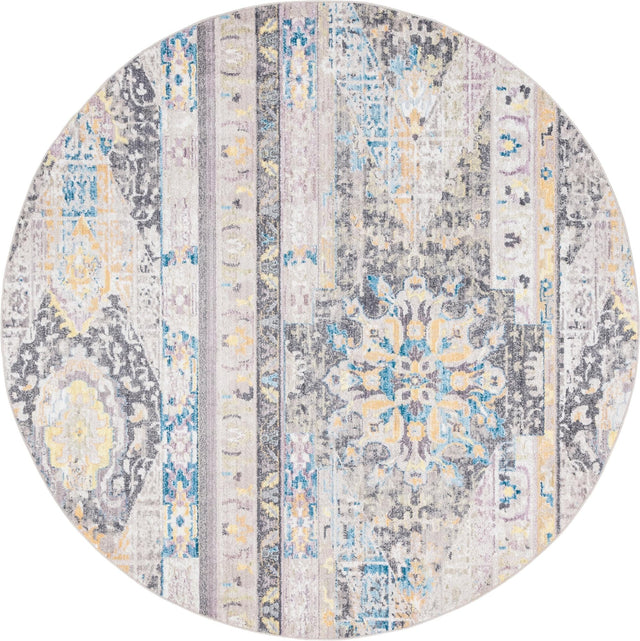 Light Brown 8' x 8' Basilica Round Area Rug 100% Polyester With Jute Backing Colorful Distressed Vintage Modern Carpet for Dorm Room Living Dining Office Decor Easy to Clean Rustic Interior Design for Sale at Rug Engine