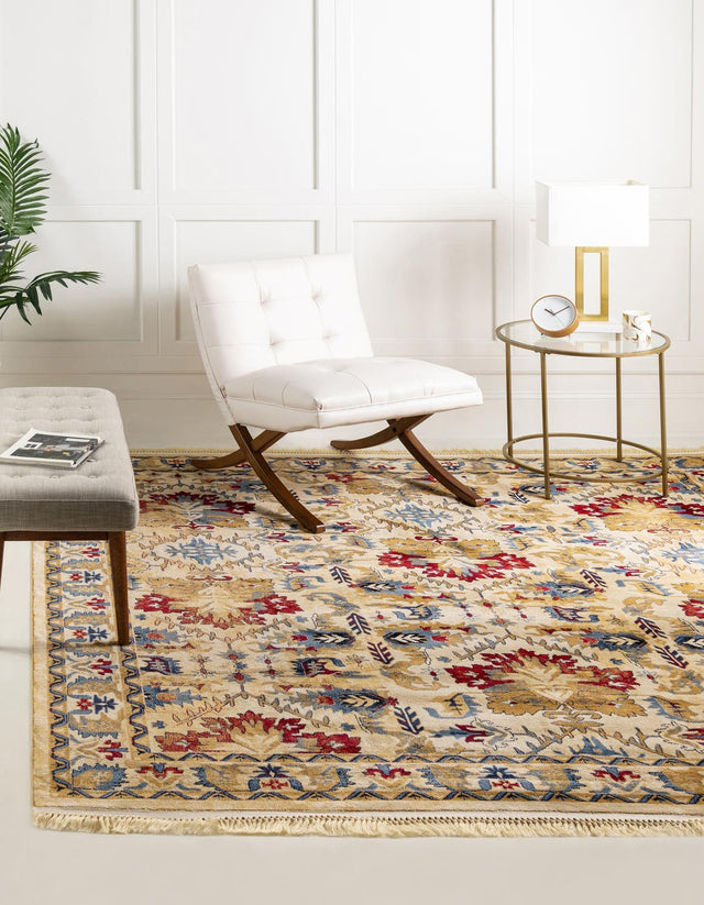 Ivory 8' x 8' District Square Area Rug 100% Polypropylene Easy Clean Stain Resistant Traditional Pattern Classic Carpet for Indoor Dining Living Office for Sale at Rug Engine