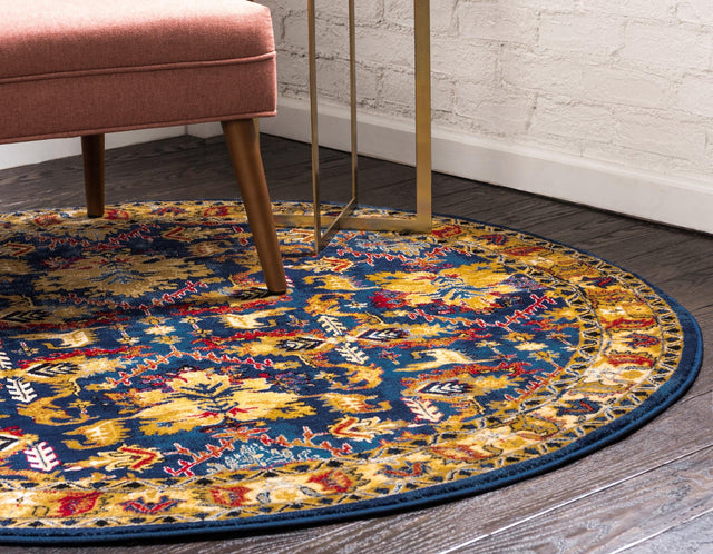 Blue 5' x 5' District Round Area Rug 100% Polypropylene Easy Clean Stain Resistant Traditional Pattern Classic Carpet for Indoor Dining Living Office for Sale at Rug Engine