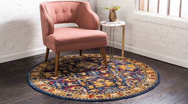 Blue 5' x 5' District Round Area Rug 100% Polypropylene Easy Clean Stain Resistant Traditional Pattern Classic Carpet for Indoor Dining Living Office for Sale at Rug Engine