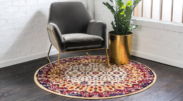 Beige 5' x 5' District Round Area Rug 100% Polypropylene Easy Clean Stain Resistant Traditional Pattern Classic Carpet for Indoor Dining Living Office for Sale at Rug Engine