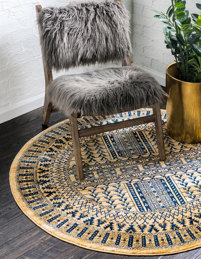 Beige 5' 3 x 5' 3 District Round Area Rug 100% Polypropylene Easy Clean Stain Resistant Traditional Pattern Classic Carpet for Indoor Dining Living Office for Sale at Rug Engine