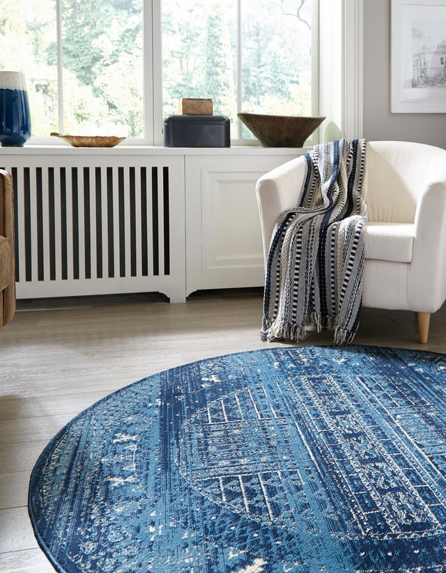 Blue 3' 3 x 3' 3 District Round Area Rug 100% Polypropylene Easy Clean Stain Resistant Traditional Pattern Classic Carpet for Indoor Dining Living Office for Sale at Rug Engine