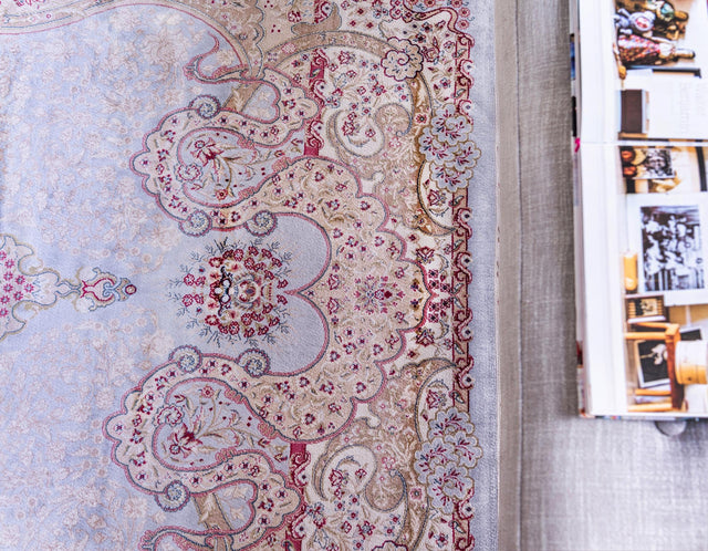 Light Blue 5' 1 x 7' 5 Qom Bamboo Silk Rectangle Area Rug 100% Bamboo Silk with Cotton Backing Luxury Traditional Design Carpet for Interior Design for Sale at Rug Engine