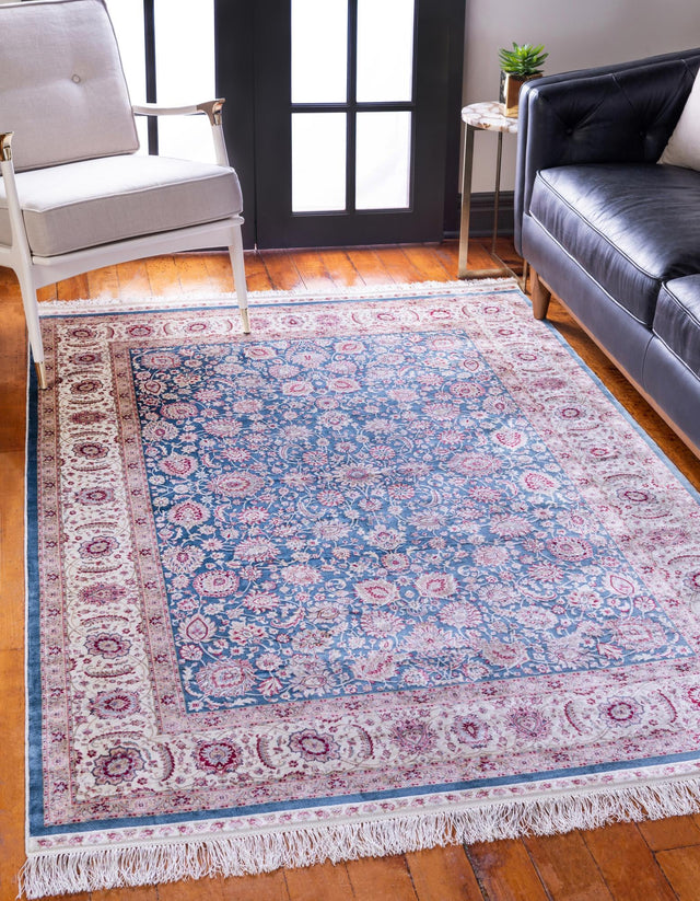 Blue 6' 7 x 9' 10 Qom Bamboo Silk Rectangle Area Rug 100% Bamboo Silk with Cotton Backing Luxury Traditional Design Carpet for Interior Design for Sale at Rug Engine