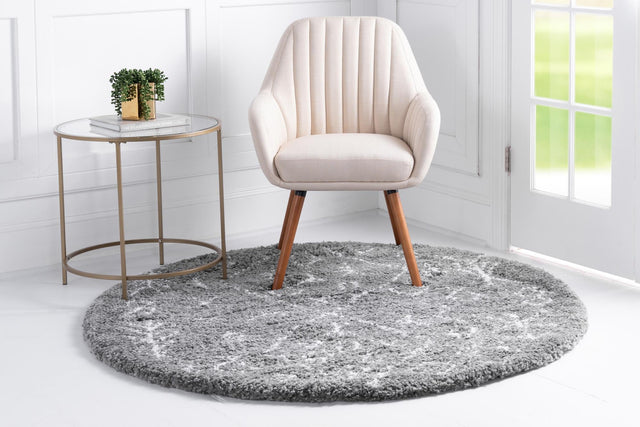 Gray 8' x 8' Rabat Shag Round Area Rug Thick Soft Touch Fluffy & Plush Shaggy Pile Durable Geometric Carpet for Luxury Interior Design for Sale at Rug Engine