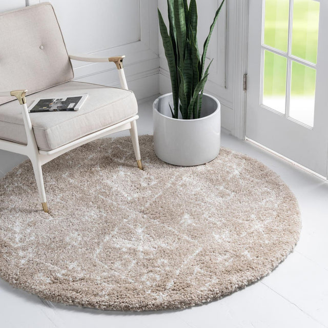 Taupe 8' x 8' Rabat Shag Round Area Rug Thick Soft Touch Fluffy & Plush Shaggy Pile Durable Geometric Carpet for Luxury Interior Design for Sale at Rug Engine