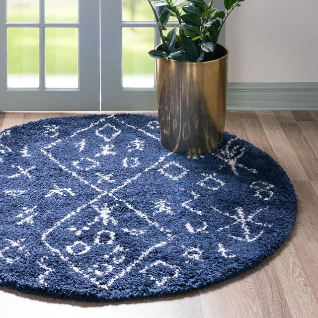 Navy Blue 8' x 8' Rabat Shag Round Area Rug Thick Soft Touch Fluffy & Plush Shaggy Pile Durable Geometric Carpet for Luxury Interior Design for Sale at Rug Engine