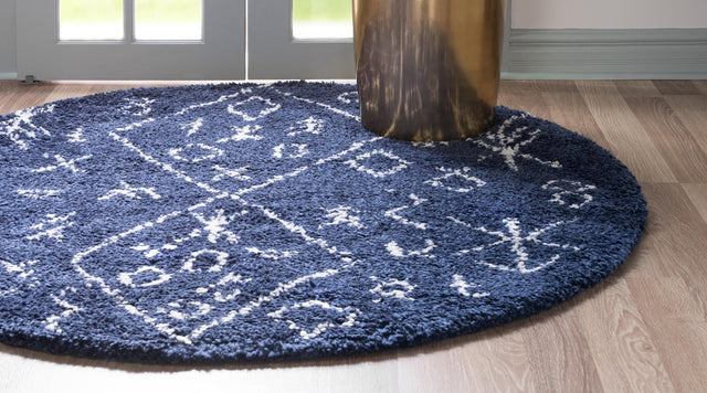 Navy Blue 8' x 8' Rabat Shag Round Area Rug Thick Soft Touch Fluffy & Plush Shaggy Pile Durable Geometric Carpet for Luxury Interior Design for Sale at Rug Engine