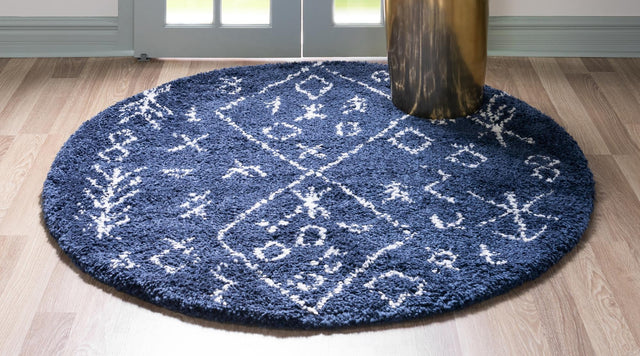 Navy Blue 8' x 8' Rabat Shag Round Area Rug Thick Soft Touch Fluffy & Plush Shaggy Pile Durable Geometric Carpet for Luxury Interior Design for Sale at Rug Engine