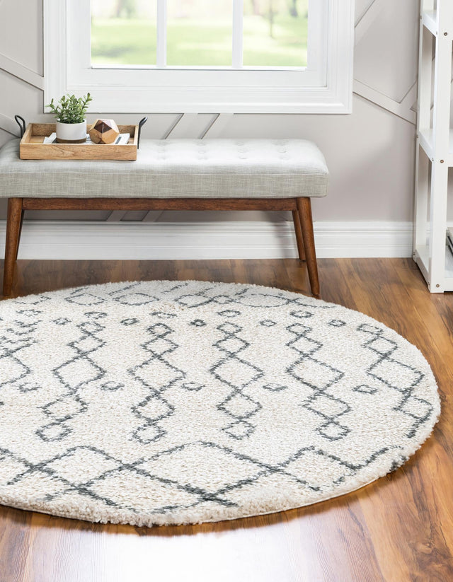 Pure Ivory 9' 10 x 9' 10 Rabat Shag Round Area Rug Thick Soft Touch Fluffy & Plush Shaggy Pile Durable Geometric Carpet for Luxury Interior Design for Sale at Rug Engine