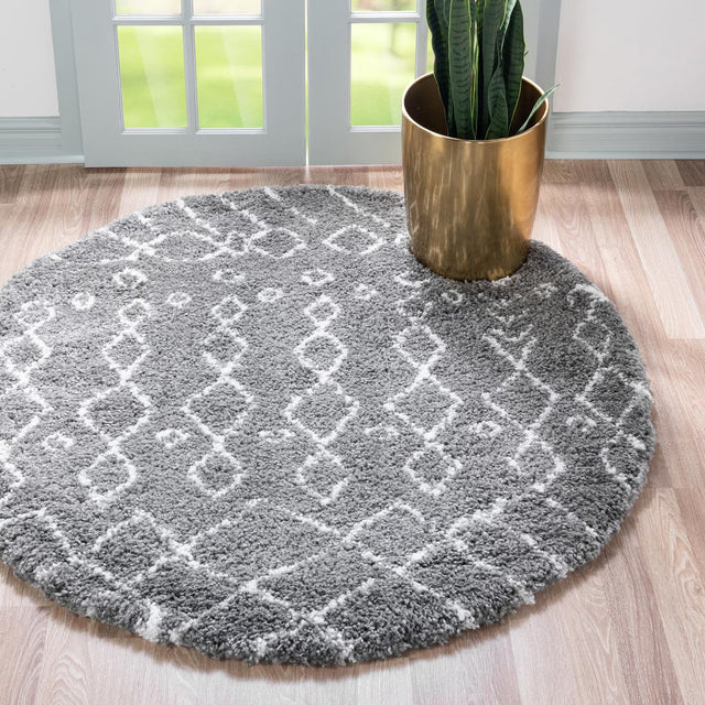 Gray 8' x 8' Rabat Shag Round Area Rug Thick Soft Touch Fluffy & Plush Shaggy Pile Durable Geometric Carpet for Luxury Interior Design for Sale at Rug Engine