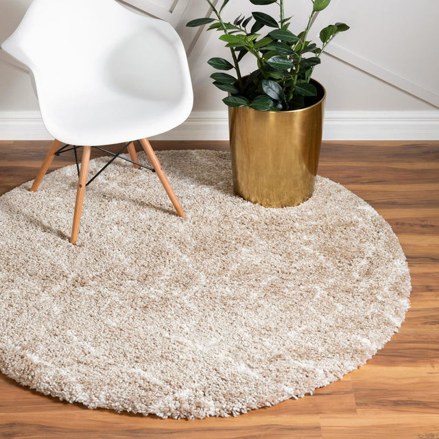 Taupe 5' 1 x 5' 1 Rabat Shag Round Area Rug Thick Soft Touch Fluffy & Plush Shaggy Pile Durable Geometric Carpet for Luxury Interior Design for Sale at Rug Engine