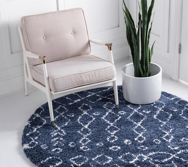 Navy Blue 8' x 8' Rabat Shag Round Area Rug Thick Soft Touch Fluffy & Plush Shaggy Pile Durable Geometric Carpet for Luxury Interior Design for Sale at Rug Engine