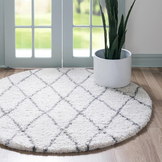 Pure Ivory 9' 10 x 9' 10 Rabat Shag Round Area Rug Thick Soft Touch Fluffy & Plush Shaggy Pile Durable Geometric Carpet for Luxury Interior Design for Sale at Rug Engine