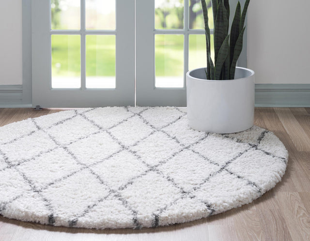 Pure Ivory 8' x 8' Rabat Shag Round Area Rug Thick Soft Touch Fluffy & Plush Shaggy Pile Durable Geometric Carpet for Luxury Interior Design for Sale at Rug Engine